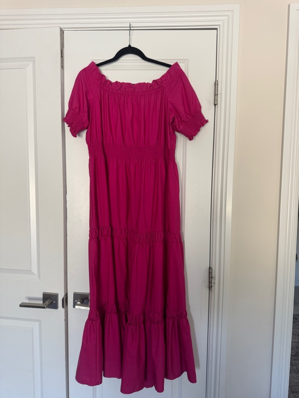 Fuchsia Off-Shoulder Tiered Maxi Dress